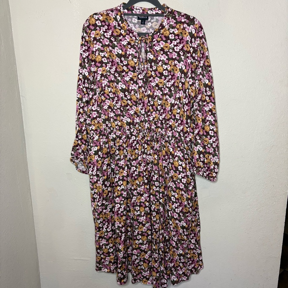 Torrid Burgundy Floral Tie-Front Midi Dress with Pink & Mustard Accents 1x